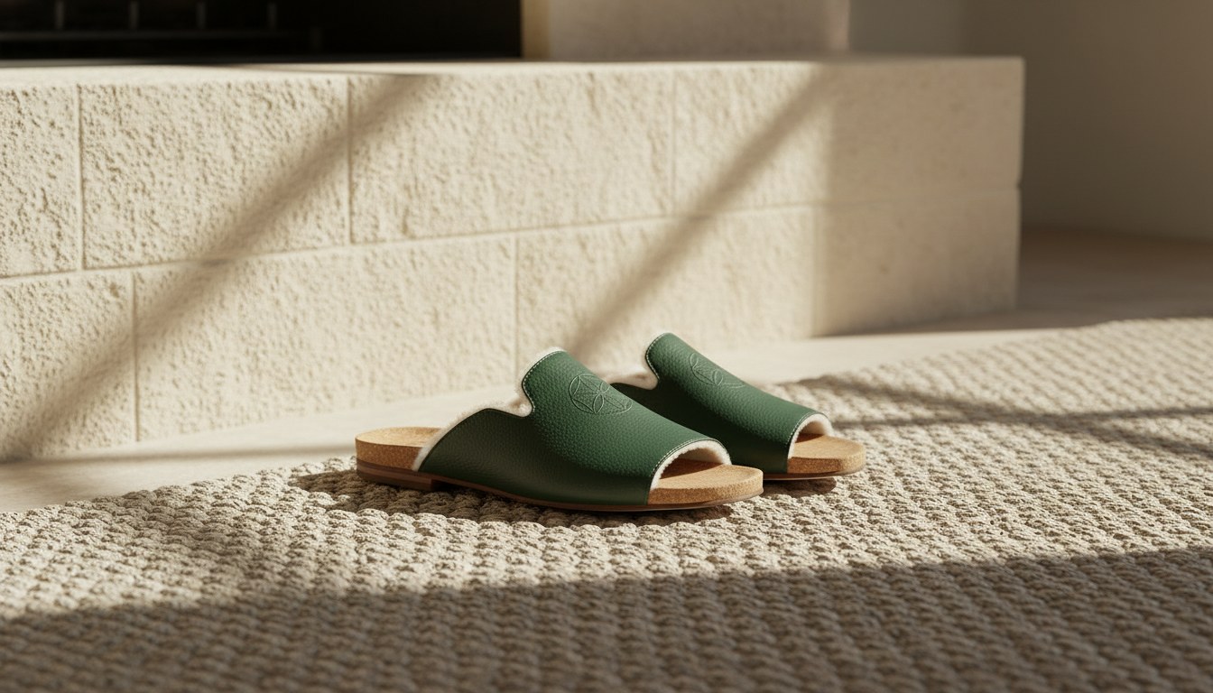 Loungewear — Green Leather Shearling Slippers