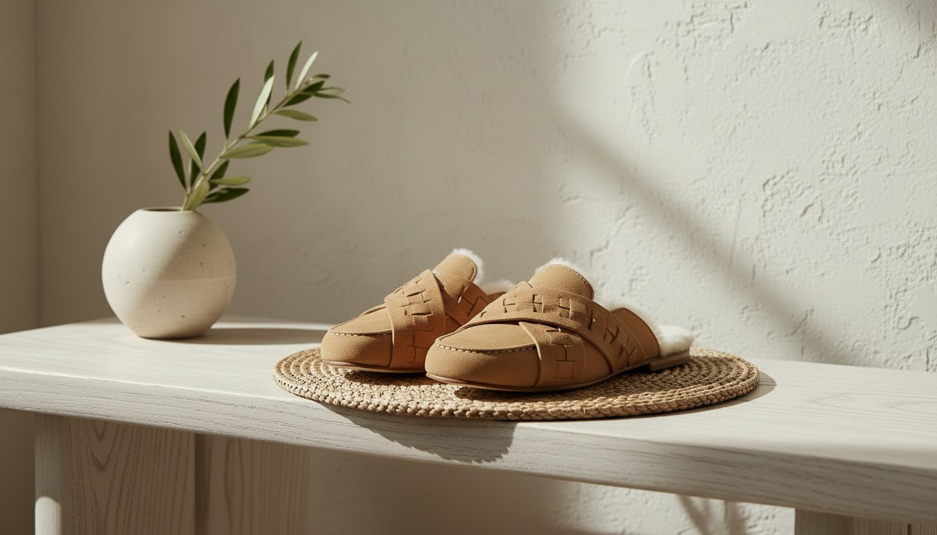 Loungewear — Woven Suede Shearling Slippers