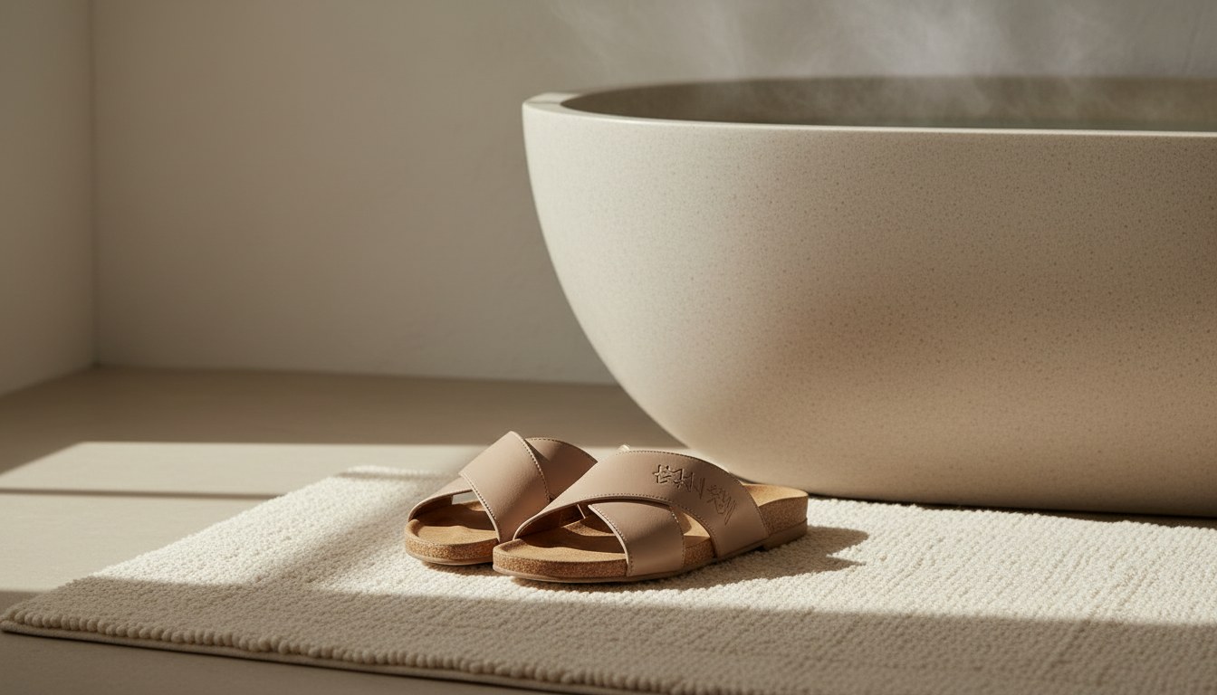 Loungewear — Leather Slippers On Bath Mat