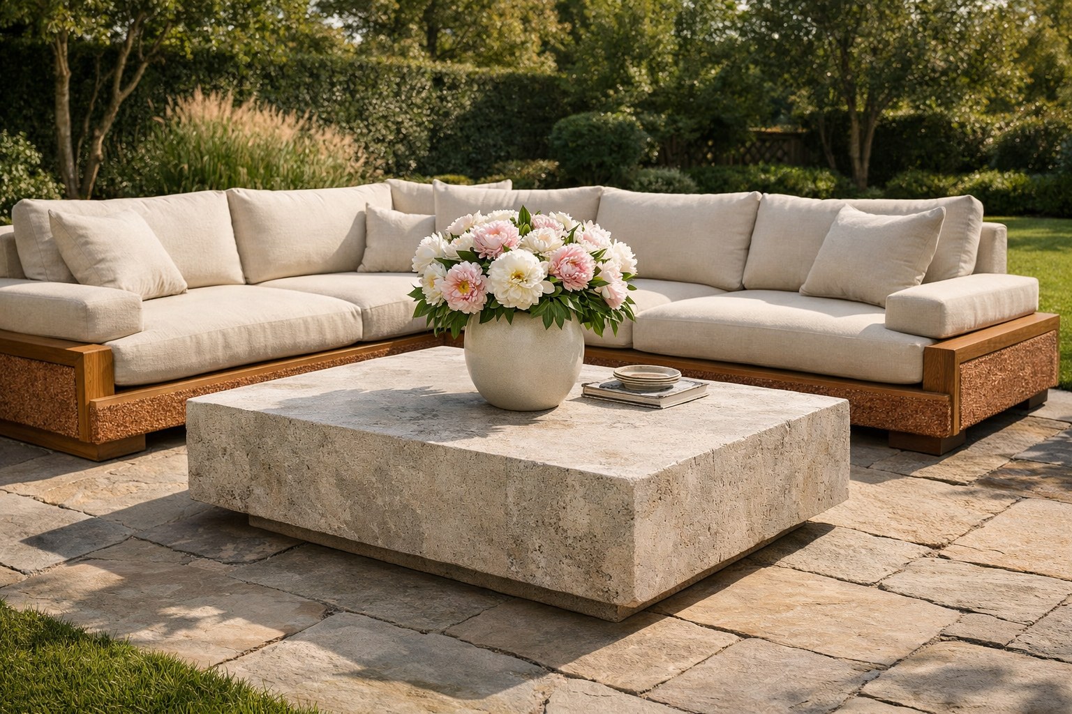 Outdoor — Travertine Plinth Coffee Table